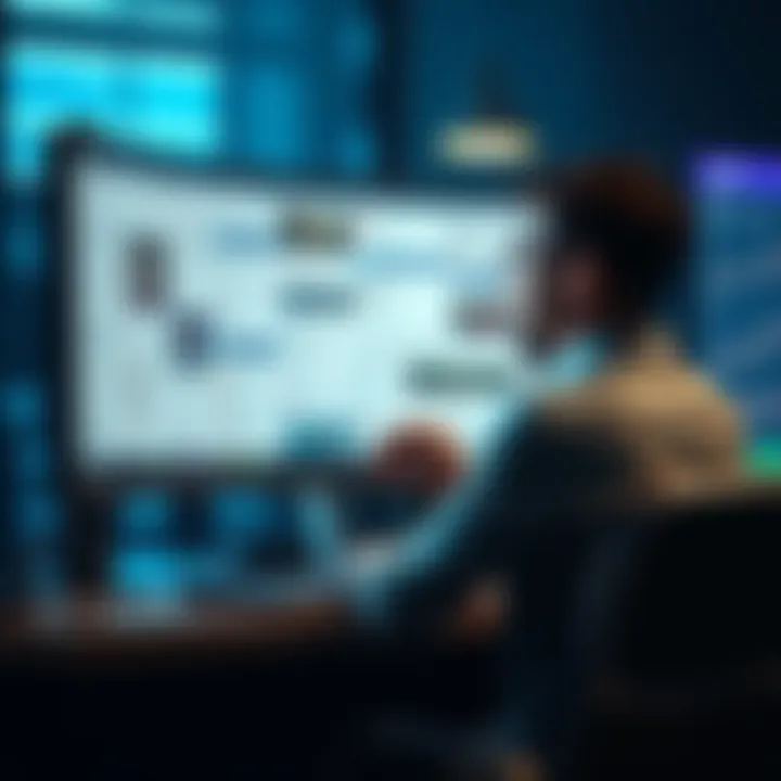 Engaging with Online Forums A person sitting at a desk, looking at a computer screen filled with forum discussions and comments, deep in thought.