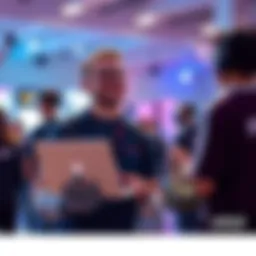 A robotics engineer holding a laptop, looking excited while discussing project ideas with potential teammates at a tech event.