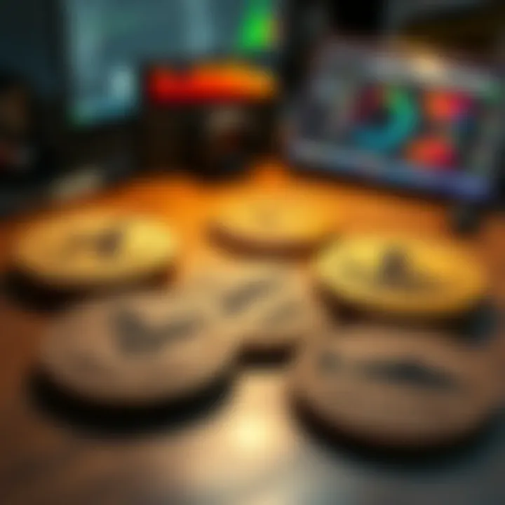 A collection of QFG4 wooden coasters displaying nostalgic designs, freshly engraved, set on a workspace with design software open in the background.