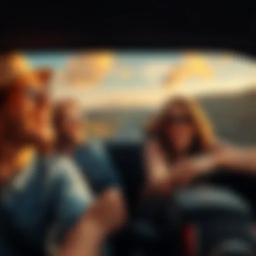 A group of friends on a scenic road trip, smiling and enjoying the view, highlighting the joy of the journey rather than just the destination.