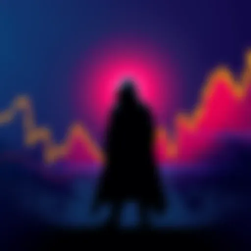 A shadowy figure representing entity X, standing beside financial graphs related to Kaspas funding, symbolizing influence and investment