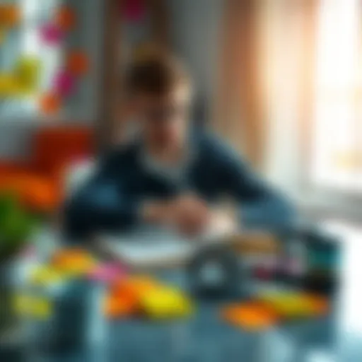 A person sitting at a table with a notebook, brainstorming new business ideas with colorful sticky notes around them.