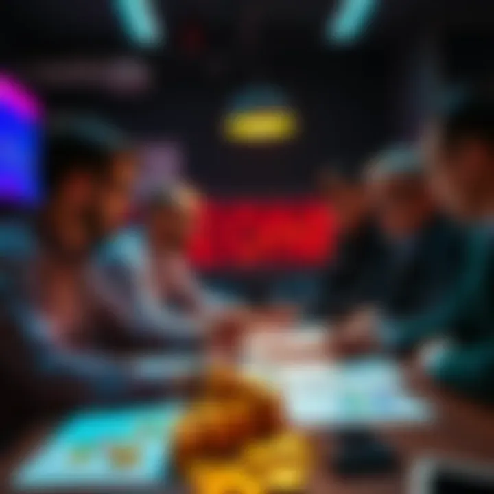 A group of people discussing memecoin strategies, focusing on equal investment opportunities for all, with charts and memecoins visible on a table.