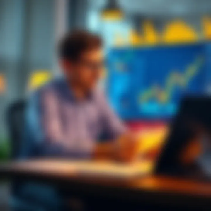 An equities investor reviewing cryptocurrency options with charts and graphs on a desk.