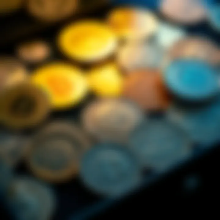 A close-up of various rare error coins displayed in a collector's case, showcasing their unique features and imperfections.