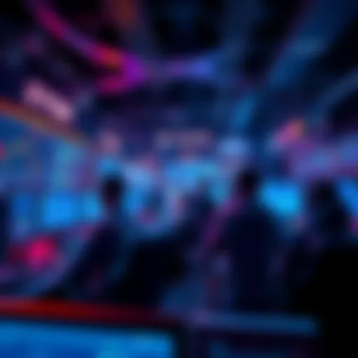 A competitive scene of players engaging in perp trading with screens showing charts and stats, capturing the excitement and strategy of the event.