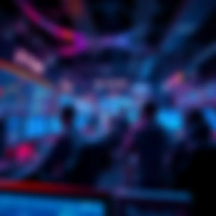 A competitive scene of players engaging in perp trading with screens showing charts and stats, capturing the excitement and strategy of the event.