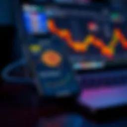 A smartphone displaying a Bitcoin wallet app with charts and investment tracking features, alongside a laptop showing a cryptocurrency exchange platform