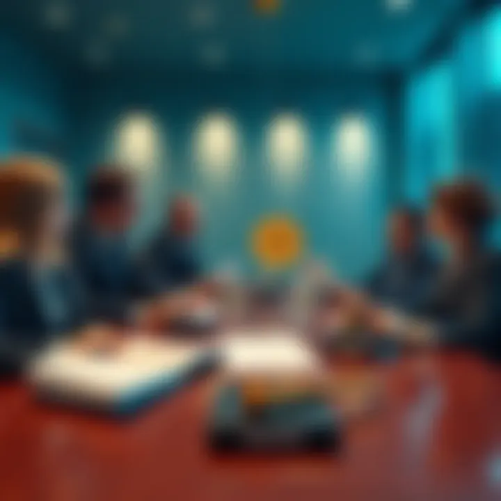 A group of estate lawyers discussing Bitcoin and cryptocurrency trusts in a professional setting with documents and laptops.