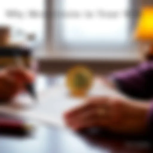 A person reviewing a will with a Bitcoin symbol on a table, showing concern about digital assets security.