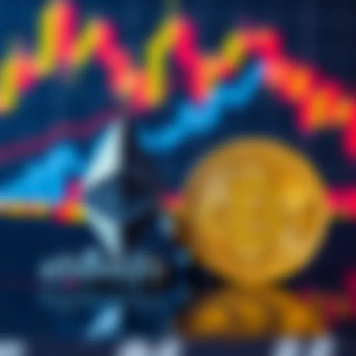Ethereum and Bitcoin symbols Ethereum and Bitcoin logos on a financial chart background