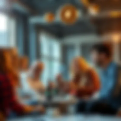 A group of ETH holders happily discussing their profitable investments in a casual setting