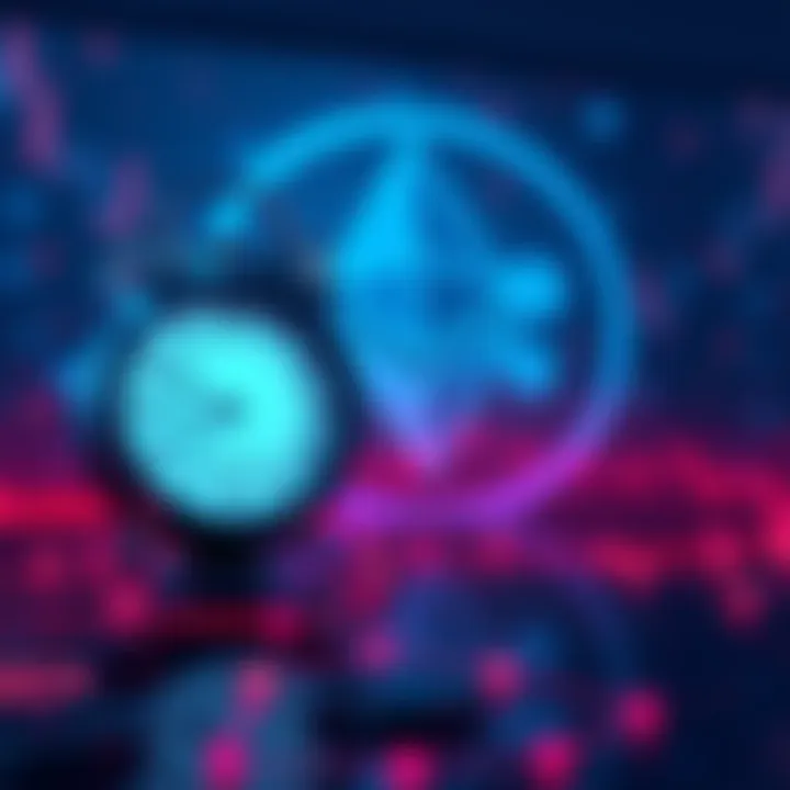 A digital clock showing a long wait time with Ethereum logo in the background, signifying staking delays.