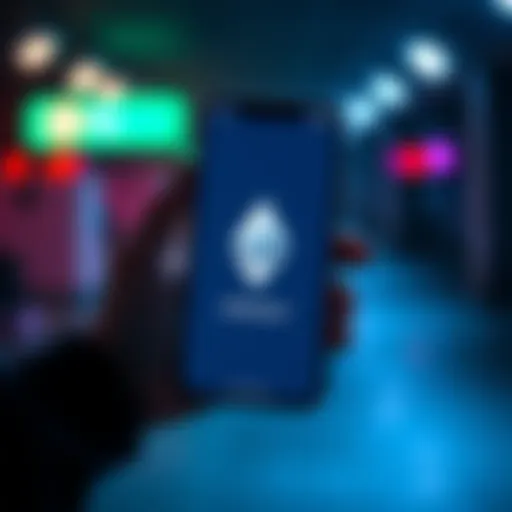 ETH to Apple Pay Exchange A person holding a smartphone showing Apple Pay and a digital representation of Ethereum logo, expressing urgency to exchange cryptocurrency for a headset purchase.