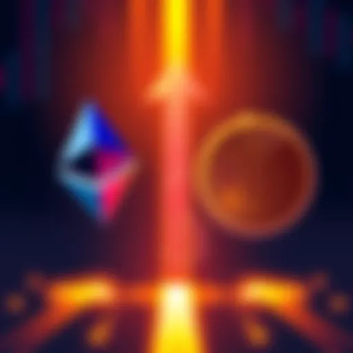 An illustration showing Ethereum and Bitcoin logos with arrows indicating different trading strategies. Ethereum traders are shown jumping ahead of a market trend, while Bitcoin traders are depicted r...