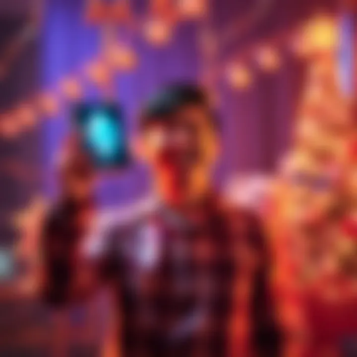 Milestone Ether Acquisition Celebration A person joyfully holding a digital representation of Ether, surrounded by festive decorations and bear market symbols, celebrating their 10th acquisition.