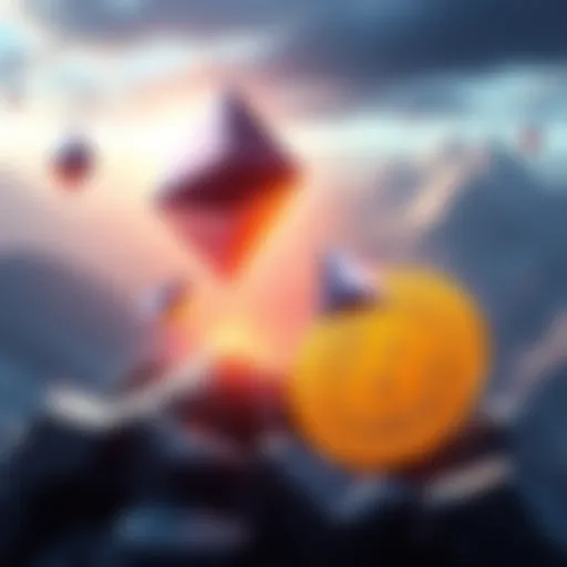 Illustration showing ether symbol rising above bitcoin symbol, representing the prediction of ether eclipsing bitcoin.