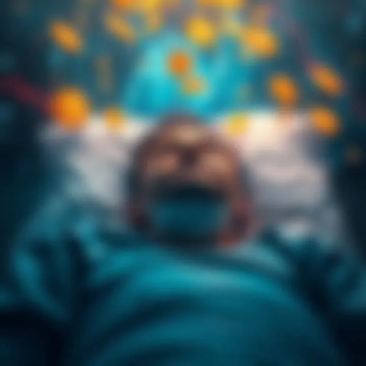 A man emerging from a coma, surrounded by digital currency symbols, with a backdrop of fluctuating cryptocurrency graphs, symbolizing the volatility of Kaspa's value.