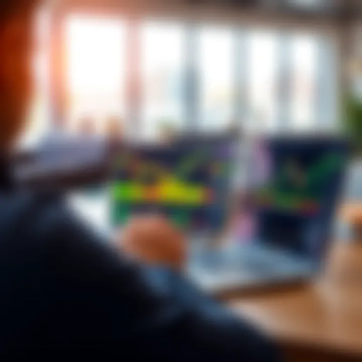 A person analyzing cryptocurrency charts on a laptop screen, focusing on Ethereum and other alt coins in a bright room.