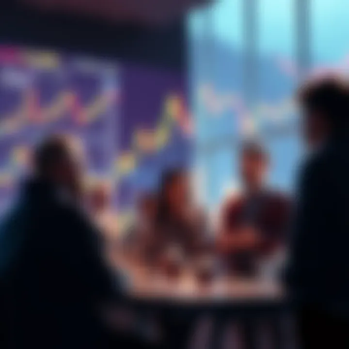 A group of people engaging in conversation about Ethereum, with charts and graphs in the background showing recent price trends.