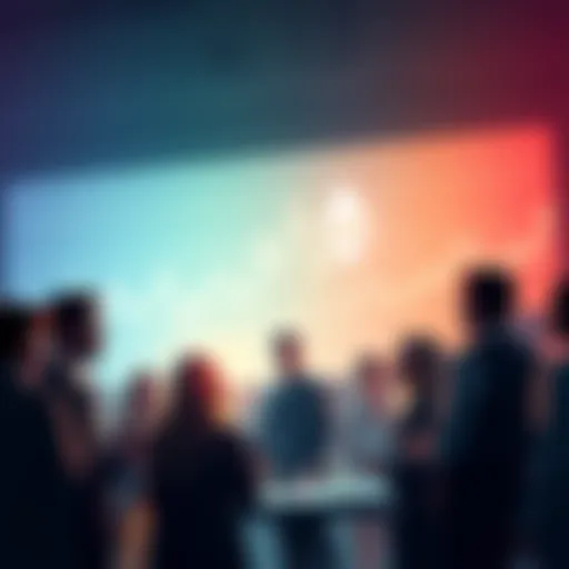 A group of people engaging in a lively discussion about Ethereum, with charts showing price fluctuations in the background.
