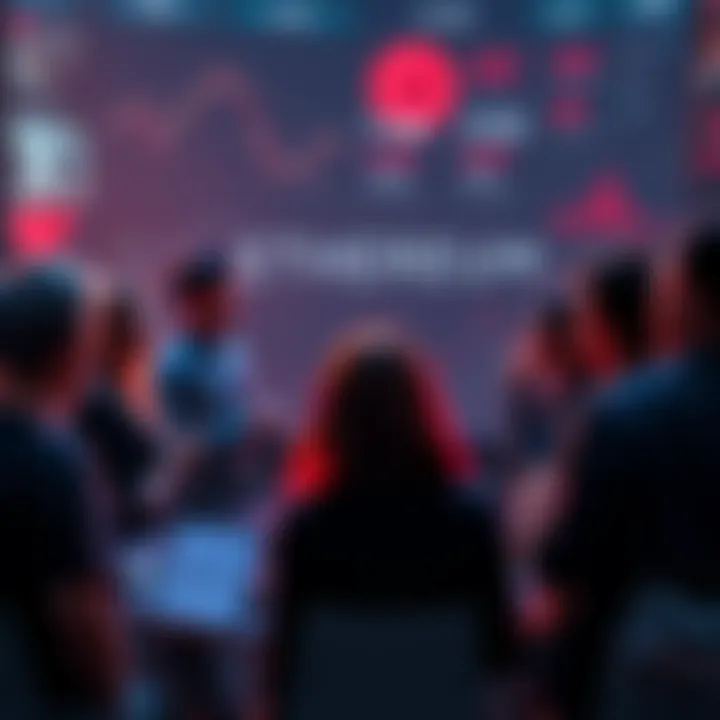 A group of people discussing Ethereum topics with charts and news articles around them.