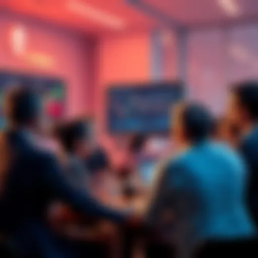 People engaging in a discussion about Ethereum, sharing insights and news, with charts and price trends displayed on screens.