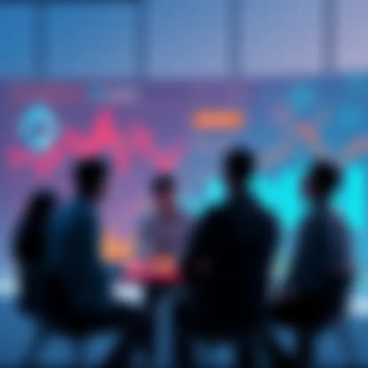 A group of people discussing DeFi and crypto trends with charts and graphs in the background.