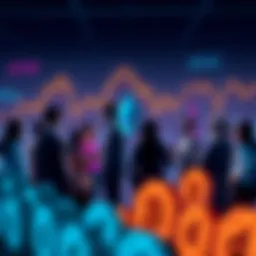 Group of people discussing blockchain topics, with charts and graphs in the background, symbolizing community engagement about Ethereum.