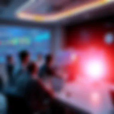 A group of people discussing Ethereum topics around a table with laptops and charts on screens