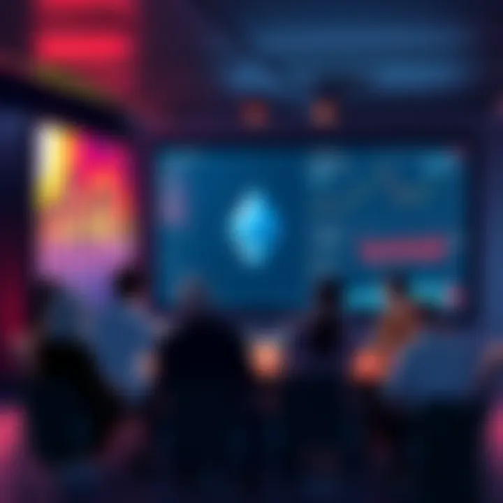 A group of people engaging in a discussion about Ethereum at a forum, with charts and news articles on a screen