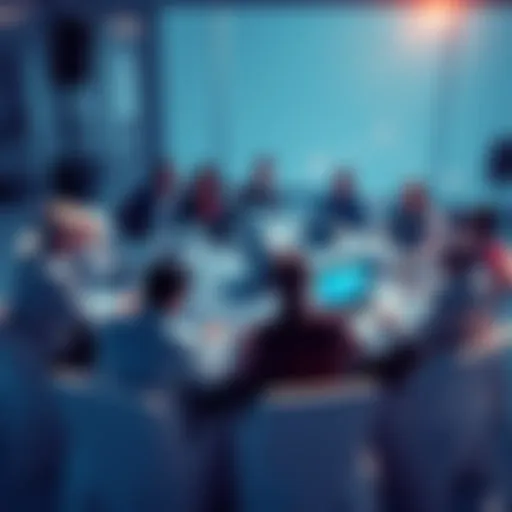 A group of people discussing Ethereum topics at a round table with laptops and notebooks