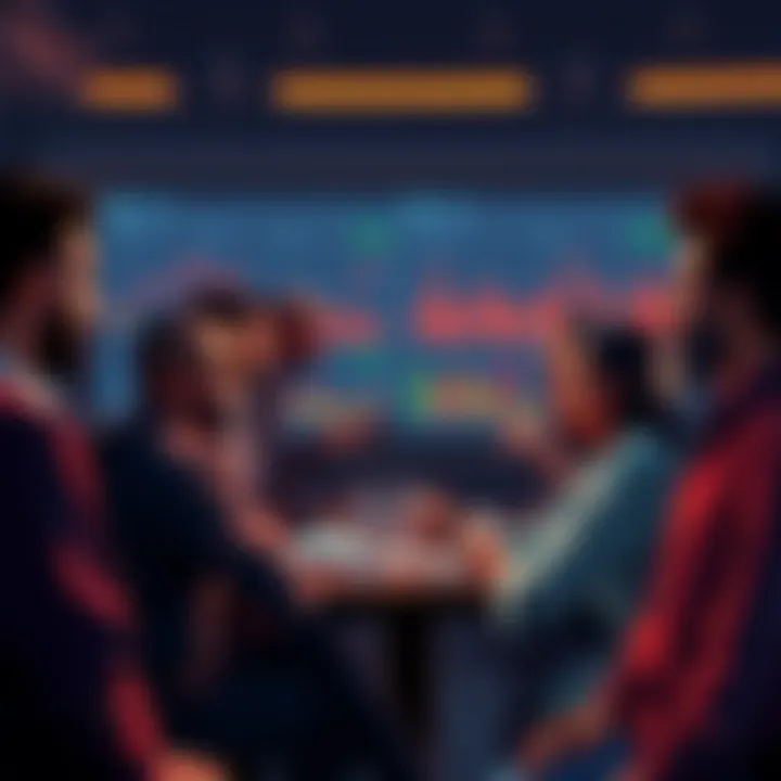 A diverse group of people discussing Ethereum topics with charts and graphs on a screen in the background.