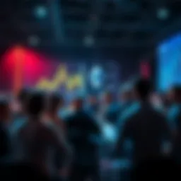 A group of people discussing Ethereum topics at a community event with charts and graphs in the background