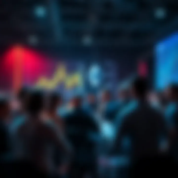 Ethereum Discussion Gathering A group of people discussing Ethereum topics at a community event with charts and graphs in the background