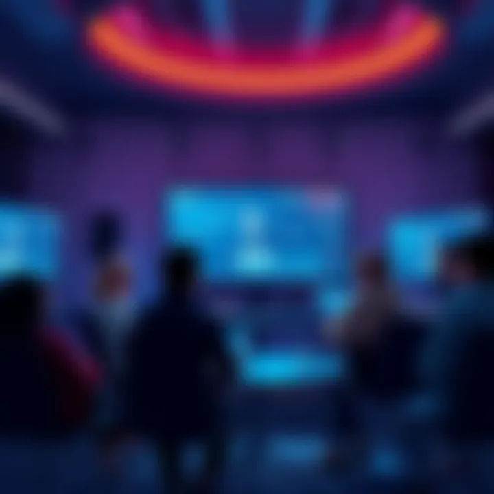 A group of people engaging in a discussion about Ethereum, with screens showing price charts and news updates, symbolizing a community event