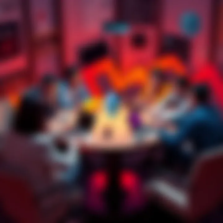 A group of people discussing Ethereum trends and news at a round table with laptops and coffee cups.