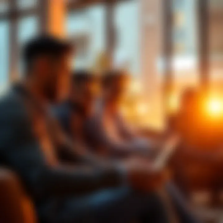 Ethereum Discussion Group A group of people discussing Ethereum topics with laptops and phones in a casual setting