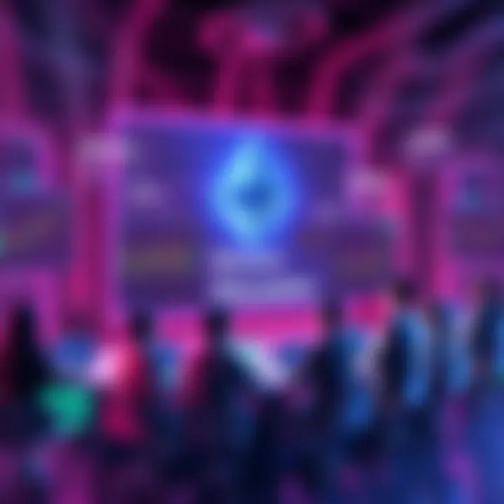 A vibrant online forum where people discuss news and updates about Ethereum, featuring chat bubbles and graphs showing price trends.