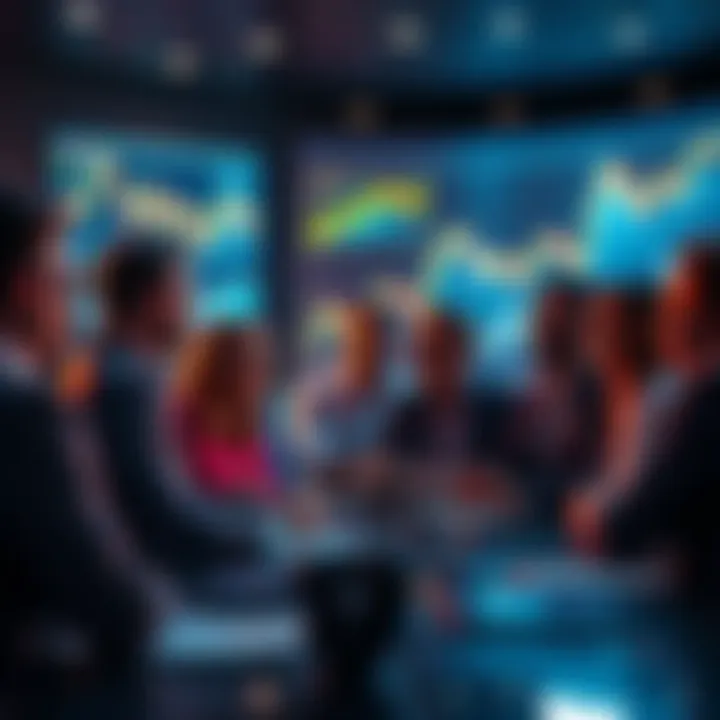 A group of people engaging in a lively discussion about Ethereum, with charts and graphs showing price trends in the background.