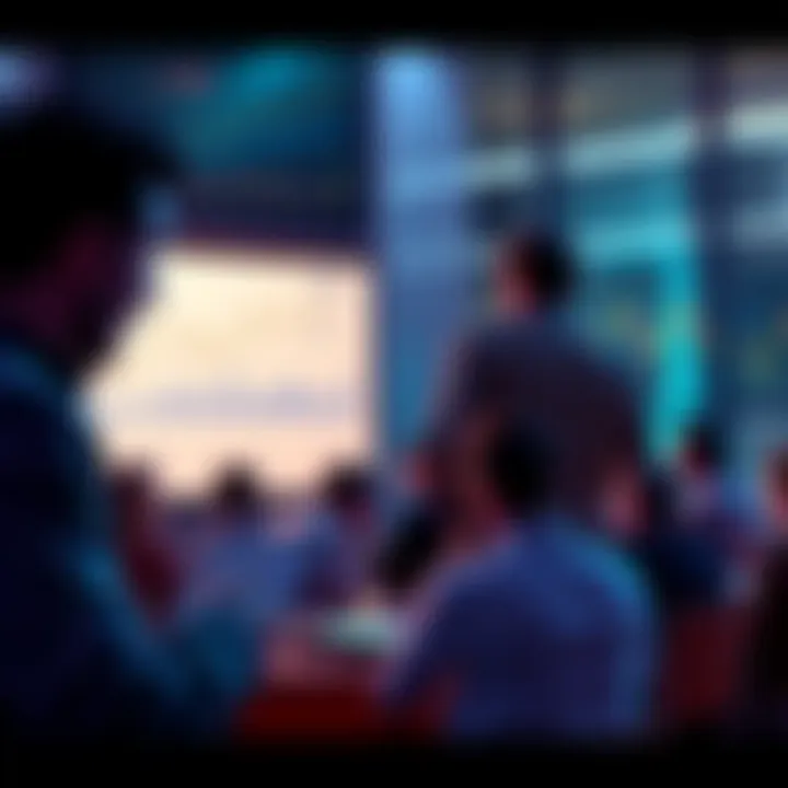 People engaging in a discussion about Ethereum with charts and news articles around them