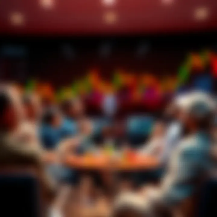 Ethereum Discussion A group of people discussing Ethereum cryptocurrency, with charts and graphs in the background signifying market trends.