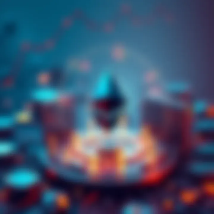 A digital representation of Ethereum symbolizing its dominance in decentralized finance with graphs and transactions flowing around it