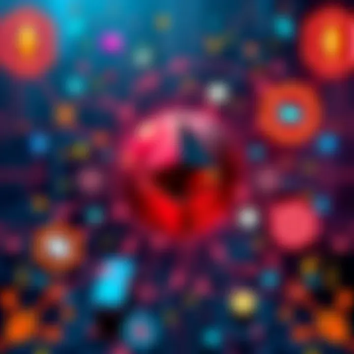 Ethereum logo surrounded by symbols of DeFi, NFTs, and digital services