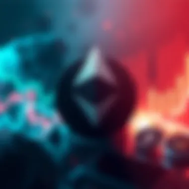 Ethereum logo displayed above a market trend graph showing upward movement amidst chaotic market conditions