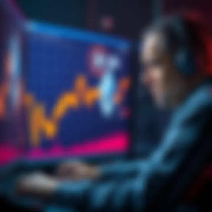 A downward trending chart showing the decline in Ethereum prices with a worried investor looking at a computer screen.