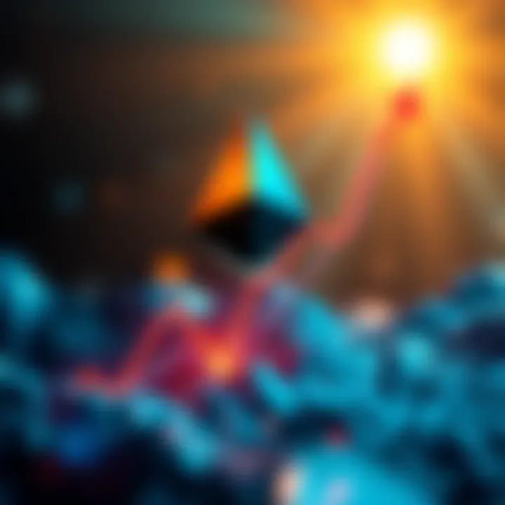A digital representation of Ethereum's logo with a rising graph indicating its price increase to 20K, with a bright background symbolizing optimism in the crypto market.