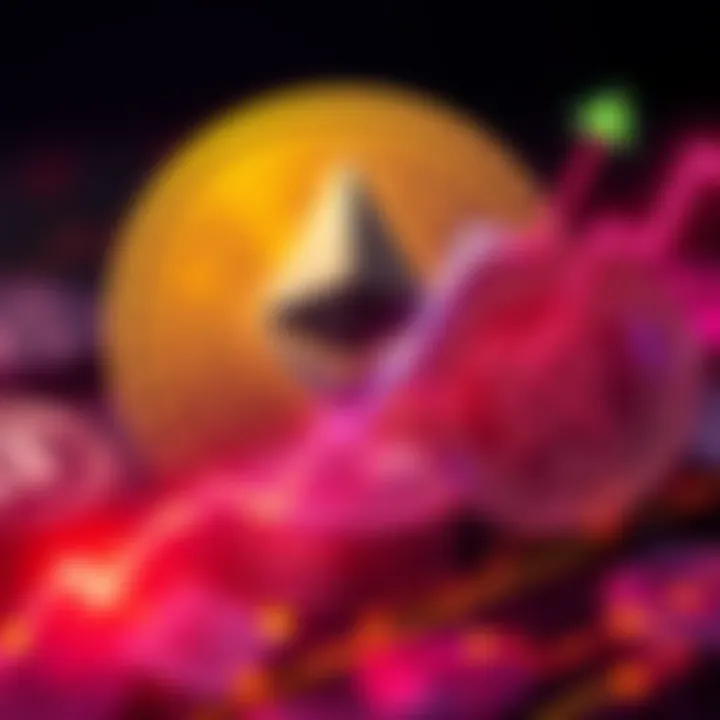 Graphic showing upward trend of Ethereum price with coin symbol in the background