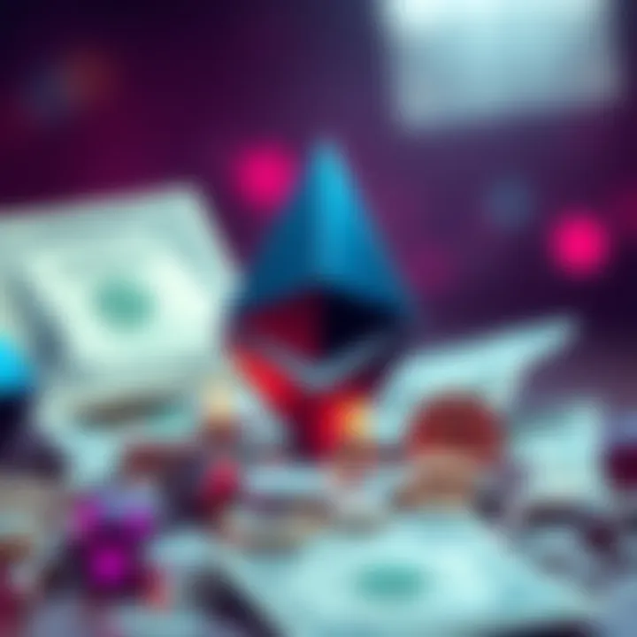 Illustration of Ethereum logo with dollar bills and assets symbolizing the lockup of $300B in real-world assets on its network.
