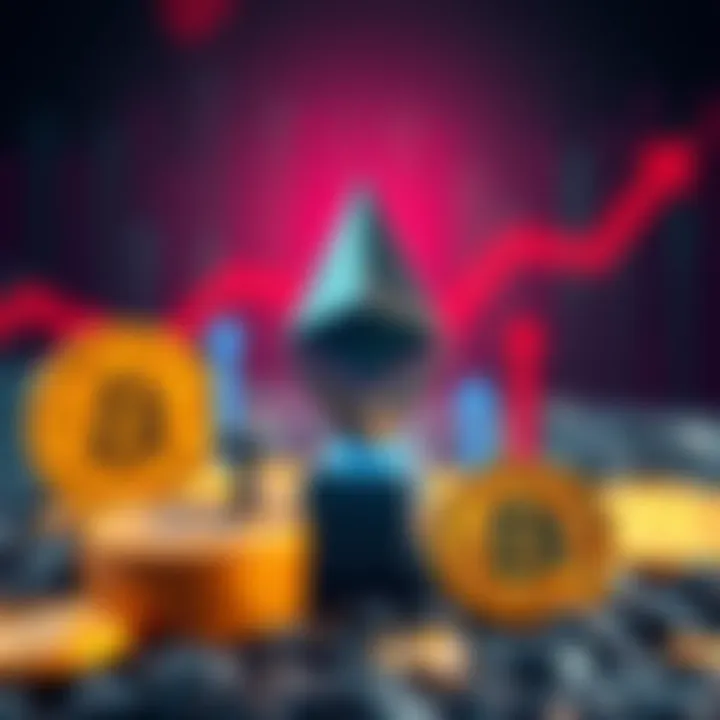 A graphic showing Ethereum symbol rising with arrows pointing upwards and Bitcoin and gold coins fading in the background